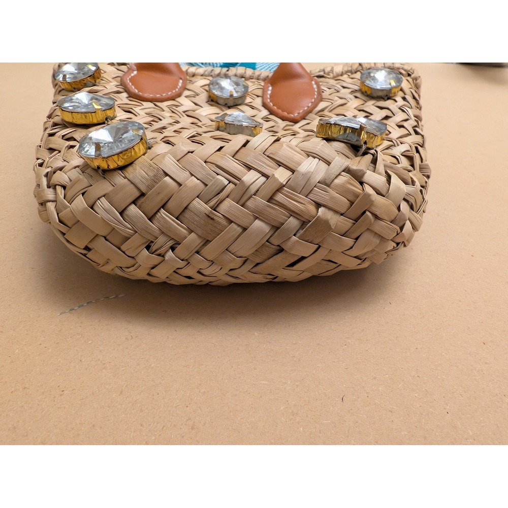 Woven Straw Mini Basket Bag Rhinestone Crystal Gingham Summer Beach Boho - Picture 5 of 8